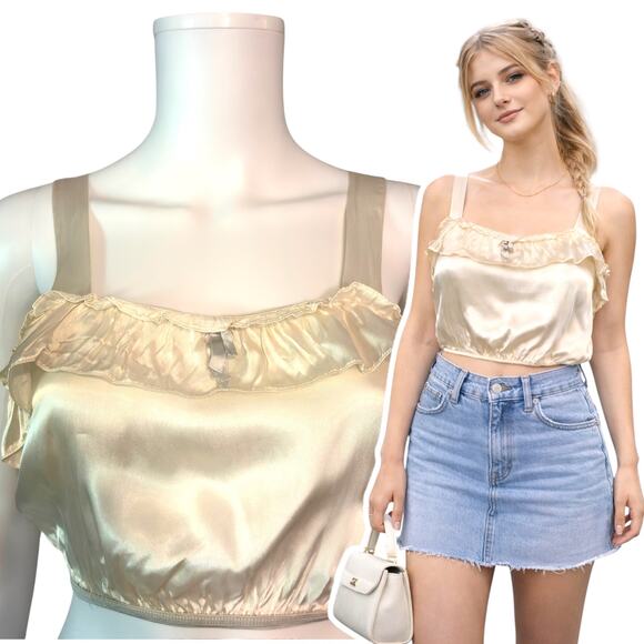Vintage Tops - Vintage Cream Crop Satin Bralette Camisole Size Small Coquette PinUp Crop Top